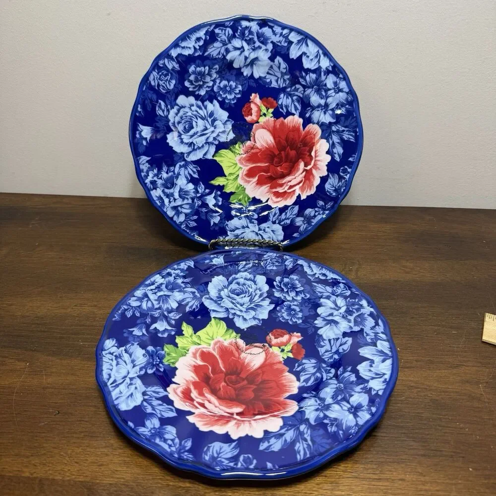 Pioneer Woman Two-2 Set HERITAGE FLORAL 8.5 Stoneware Scalloped Salad Plates New